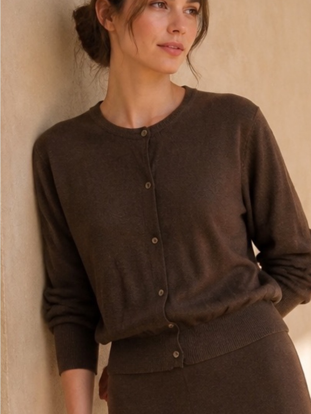Laura Ashley Brown 💯 Whool Crewneck Button-Front Cardigan